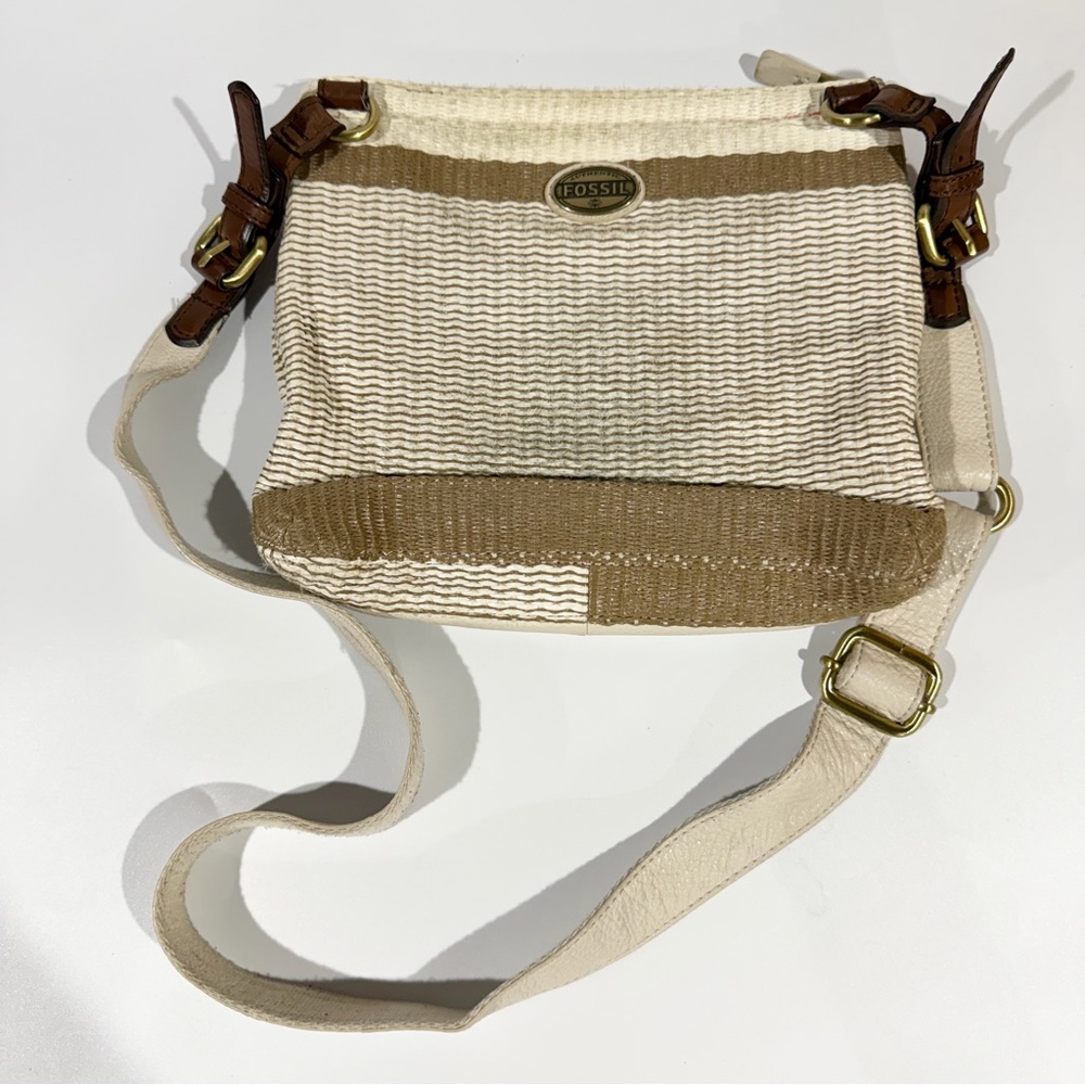 Vintage FOSSIL Beige Brown Cream Striped Leather Woven Crossbody Bag